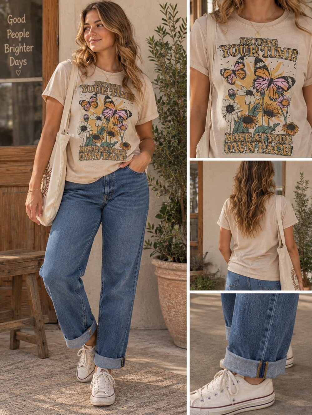 Zoe + Liv Butterfly Floral Graphic Tee S Beige Boho Retro Cottagecore Boho Indie